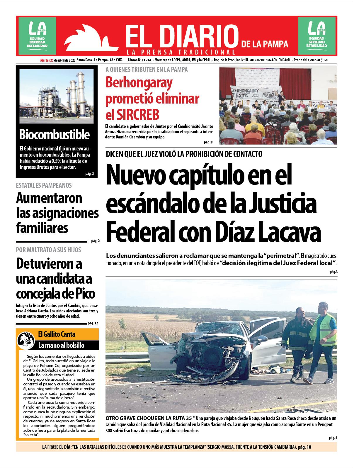 Tapa de El Diario en papel  martes 25 de abril de 2023